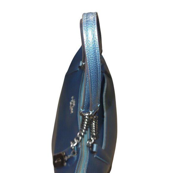 Coach Ava Chain Leather Shoulder Bag Wallet Set Metallic Teal Turquoise Nickle - Picture 10 of 15